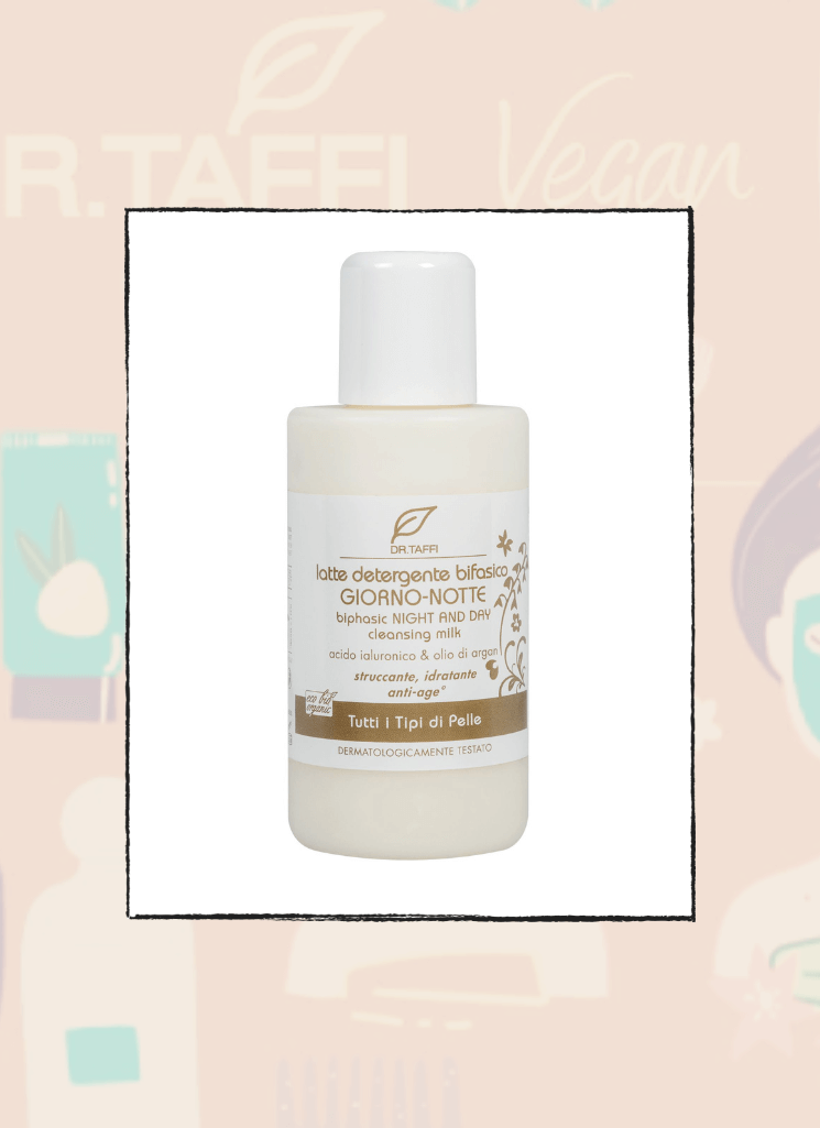 Dr Taffi Organic Cleansing Milk 200 ml, biphasic formula with aloe, argan oil, and vitamins for silky, clean skin.