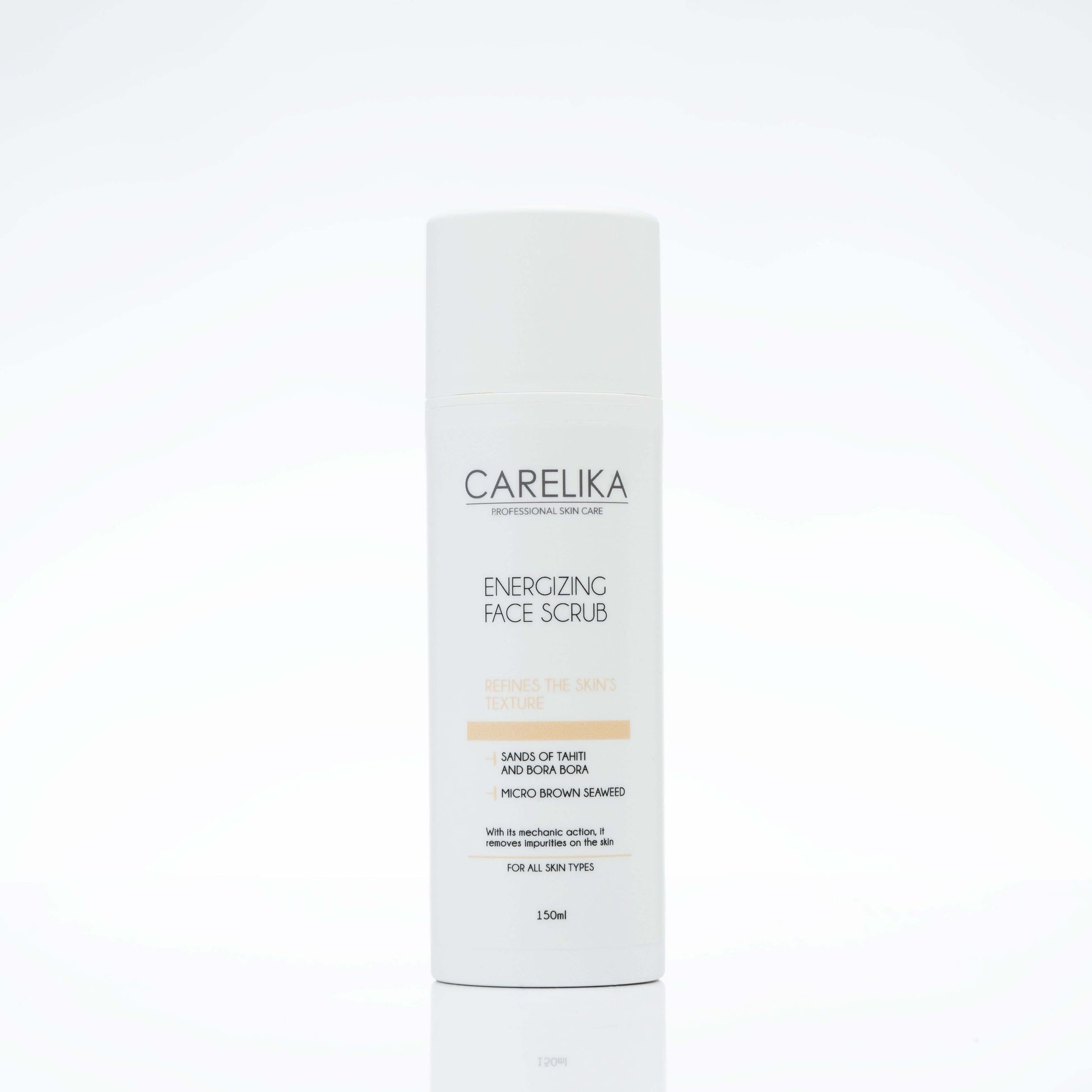 Carelika Energizing Face Scrub 150 ml bottle designed for cleansing and exfoliating all skin types.