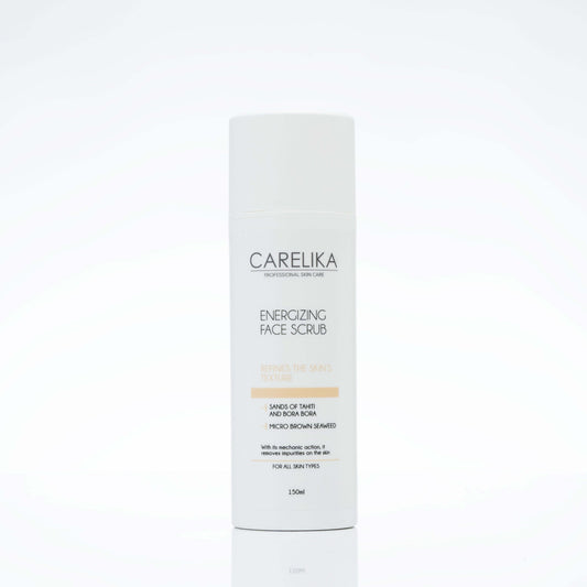 Carelika Energizing Face Scrub 150 ml bottle designed for cleansing and exfoliating all skin types.