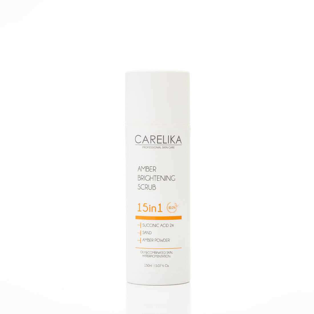 CARELIKA Amber Brightening Scrub 15in1 with Succinic Acid 2% 150 ml bottle on white background