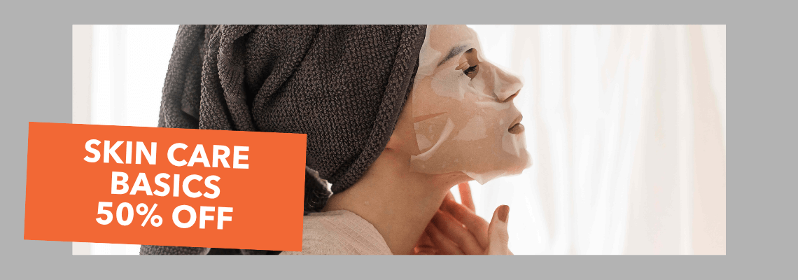 Woman with a face mask highlighting basic skin care products at 50% off.