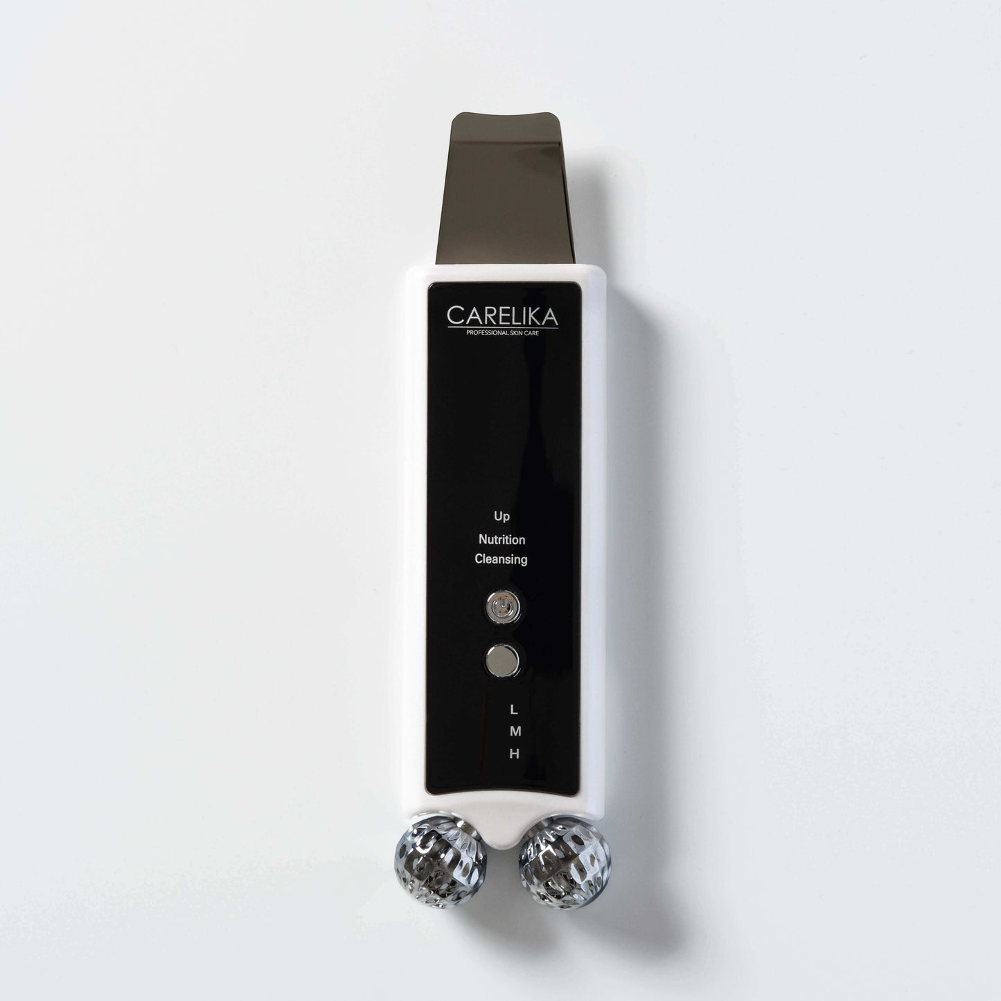 Carelika double roller and ultrasonic skin scrubber with controls for nutritious cleansing and skin uplift.