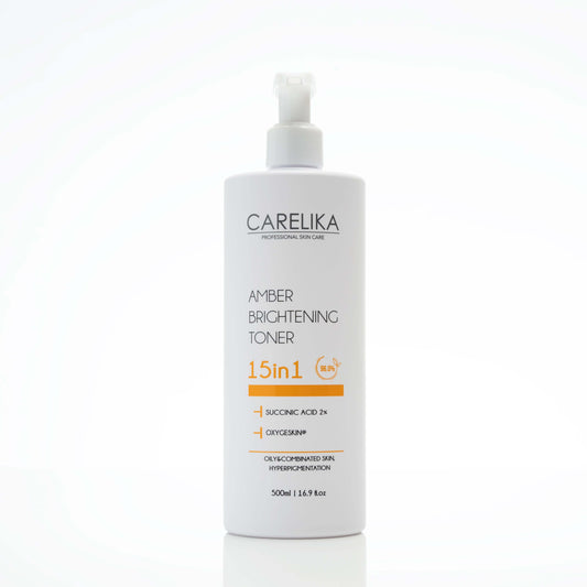 CARELIKA Amber Brightening Toner 15in1 with Succinic Acid 2%, 500 ml bottle for acne-prone, oily skin, lightens hyperpigmentation, non-alcoholic.