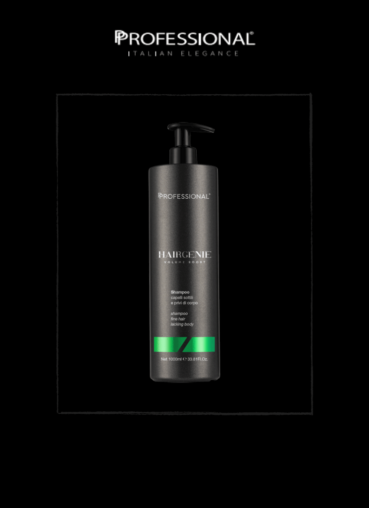 Professional Hairgenie Volume Boost Shampoo 1000 ml bottle, designed to cleanse and enhance fine hair.