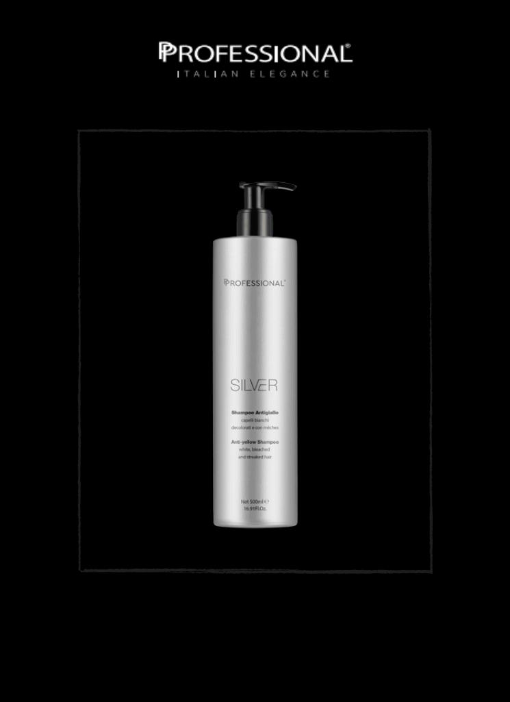 Professional Silver Anti-Yellowing Shampoo 500 ml bottle for restoring radiance to white and highlighted hair.