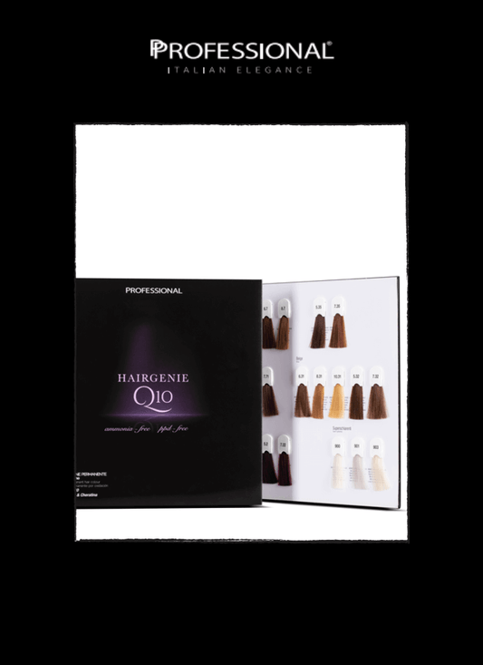 Professional Hairgenie Q10 color chart showcasing 57 vibrant hair colors for stylish transformations.