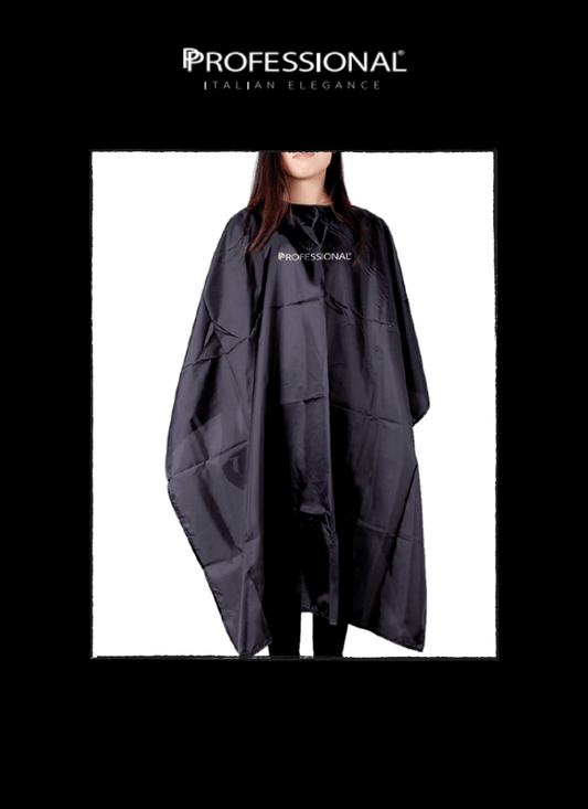 Professional hair cutting cape worn by a stylist, featuring sleek black fabric and elegant design for salon use.