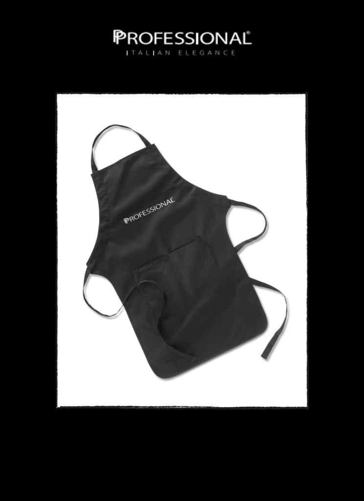 Black professional apron featuring stylish design and spacious pockets for culinary or hospitality use.