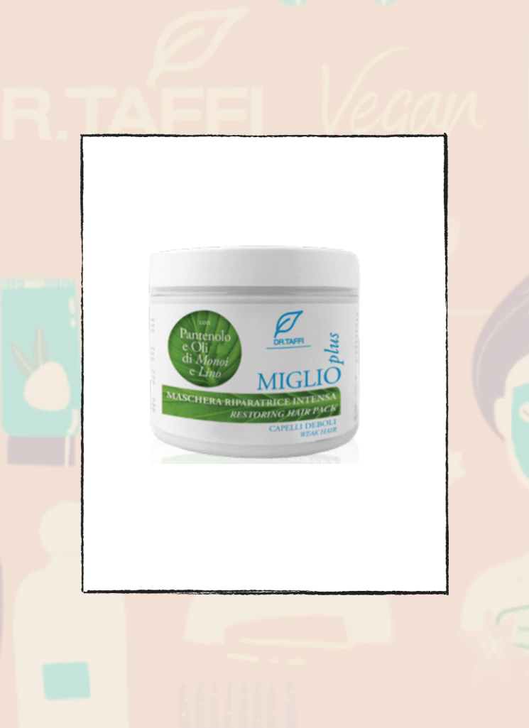 Dr Taffi Miglio Plus Bio Hair Cream for weak and fragile hair, 200 ml jar with natural ingredients and monoi fragrance.