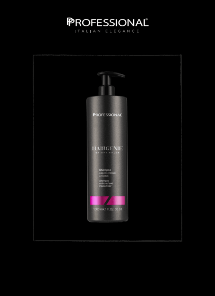 Professional Hairgenie Bright Color Shampoo for coloured hair, 1000 ml bottle with moisturizing formula and extracts.