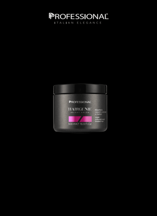 Professional Hairgenie Bright Color Mask for treated hair in 500 ml jar, enriched with Poppy and Blueberry Extracts.