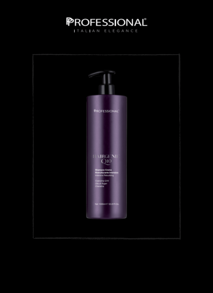 Professional Hairgenie Q10 Restructuring Cream Shampoo 1000ml bottle with pump for moisture and anti-aging benefits.